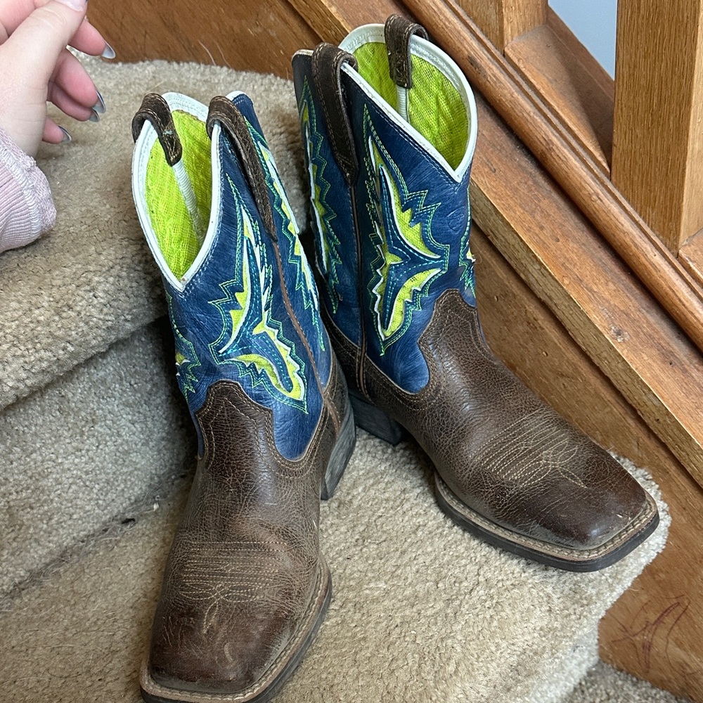 Aria Kids Brown and Blue Boots with Green Accents
